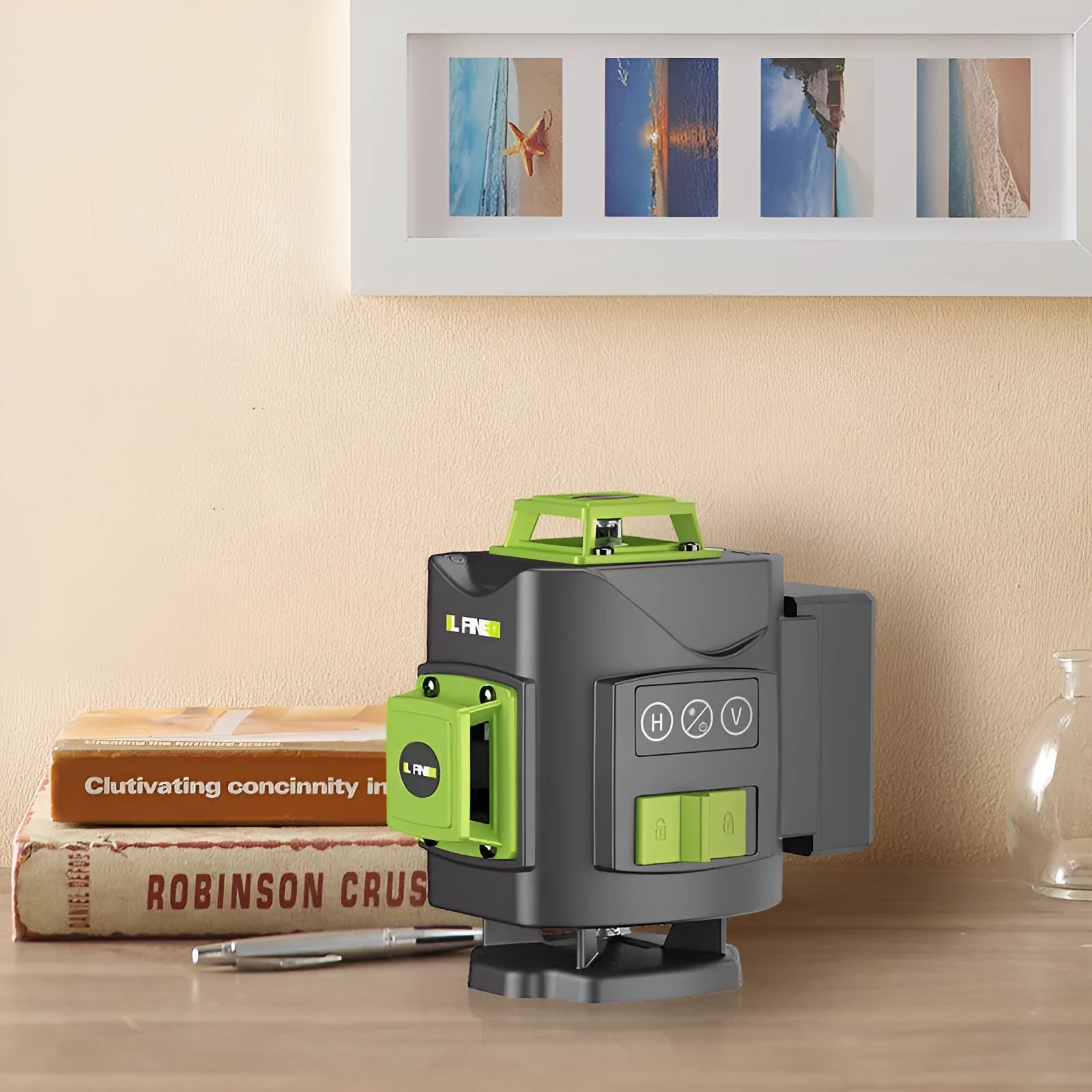 Green 16-line 3D self-levelling laser level on a work surface showing multiple projected lines.