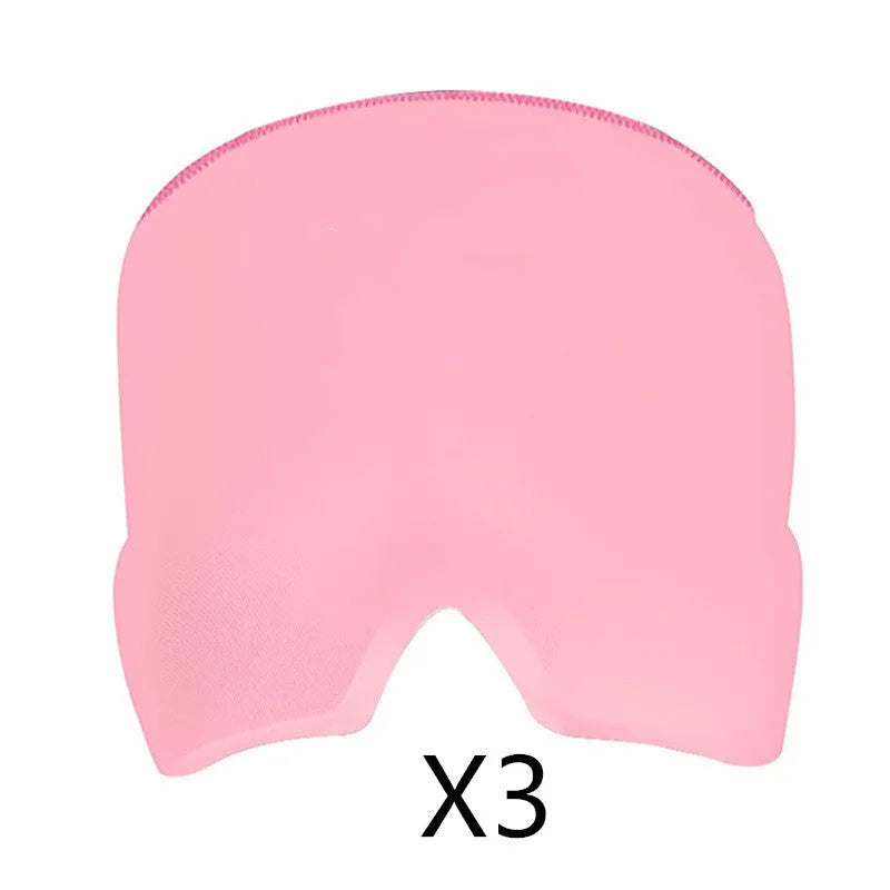 Black adjustable cold compress gel eye mask for headache relief on a plain background.