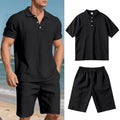 Men's light-coloured linen shorts suit with short sleeve top and matching shorts for summer casual wear