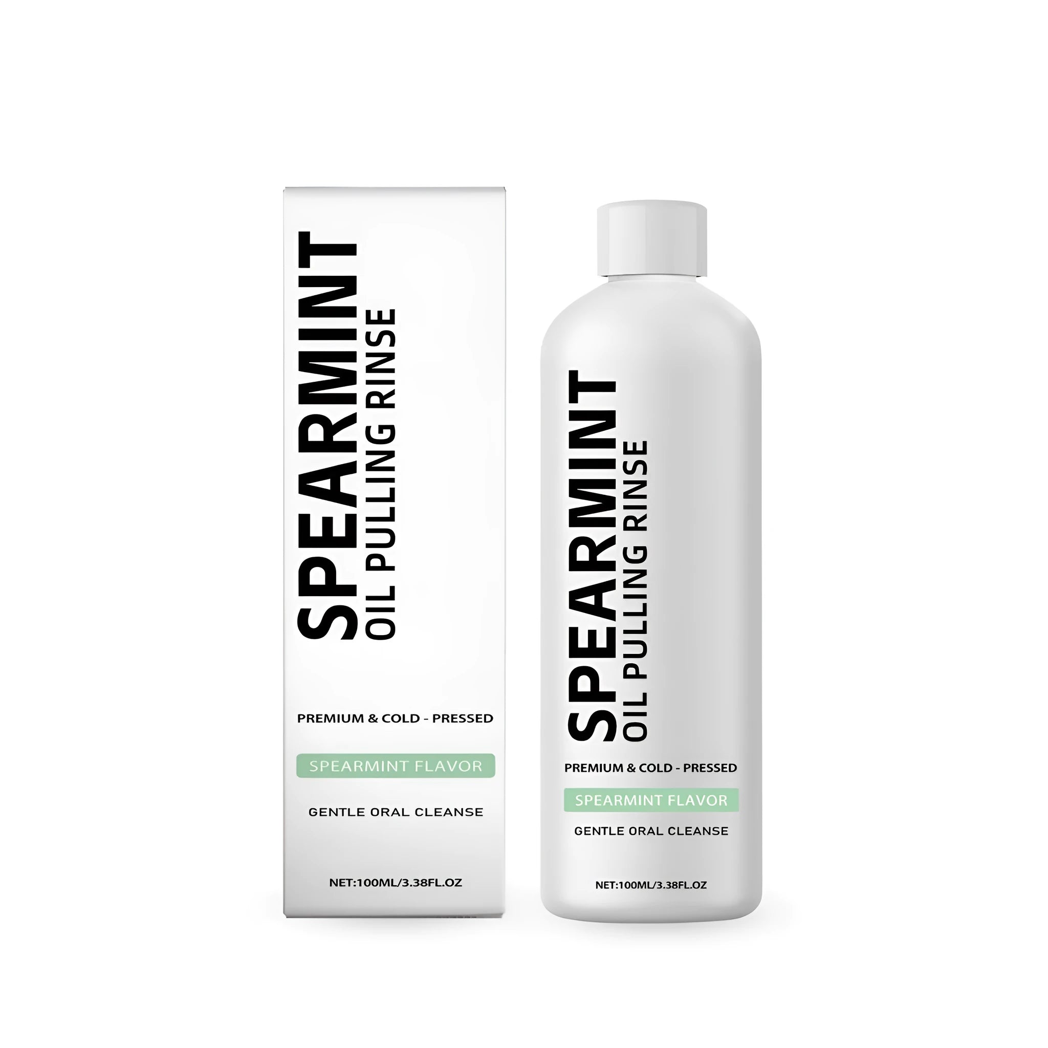 100 ml bottle of spearmint oil pulling rinse mouthwash with clove and peppermint oil.