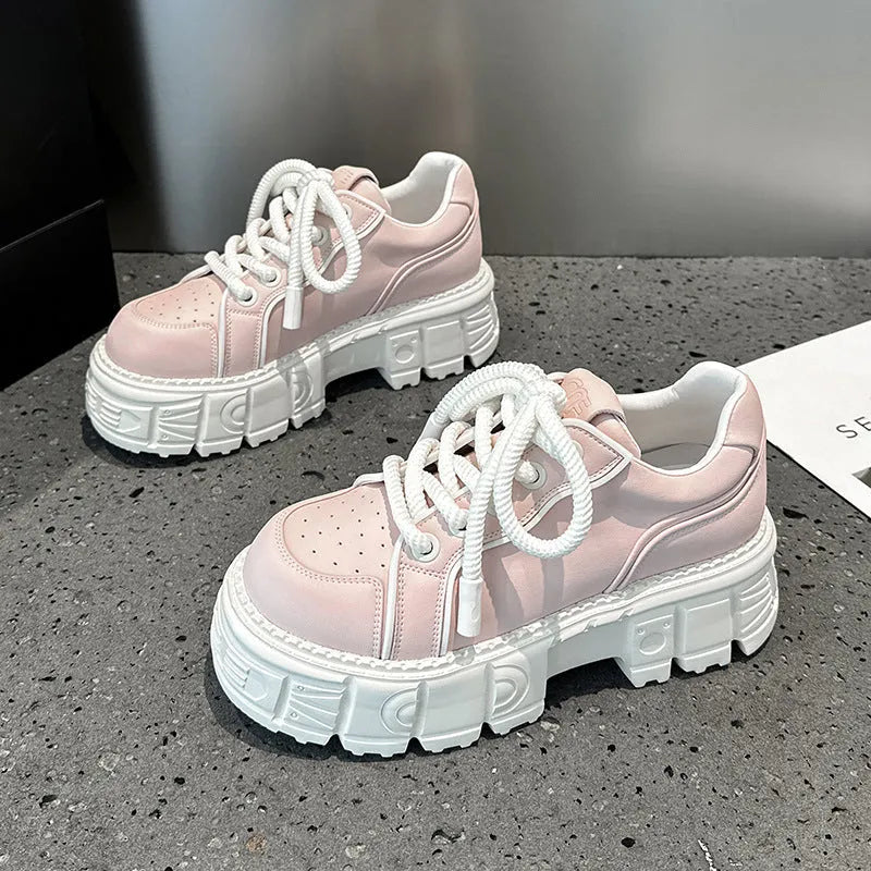 Women's casual leather shoes with thick rubber foam soles in beige or pink solid colours