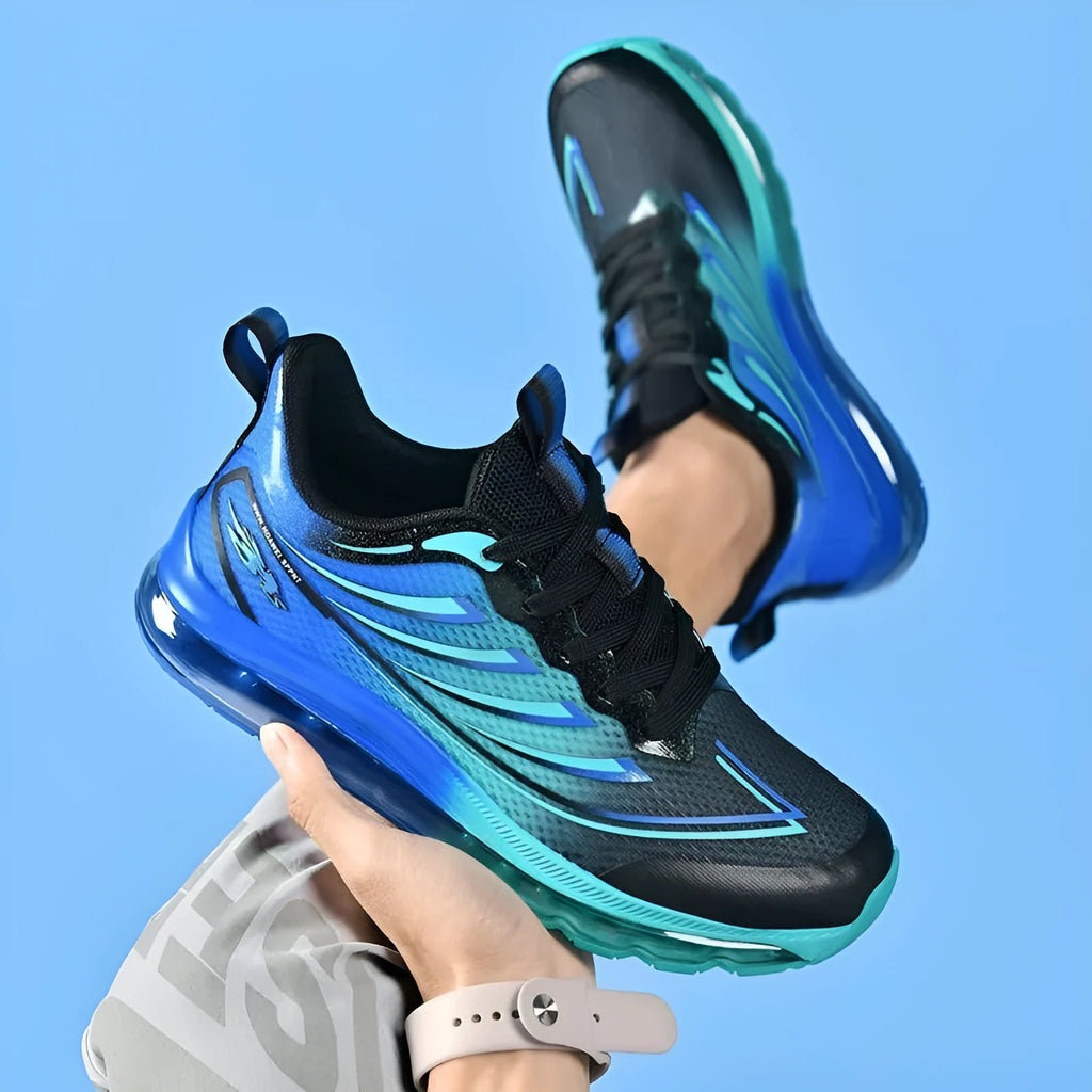Men's woven blue and white sneakers with a round toe, shown in a size up to EU 48 on a plain background.