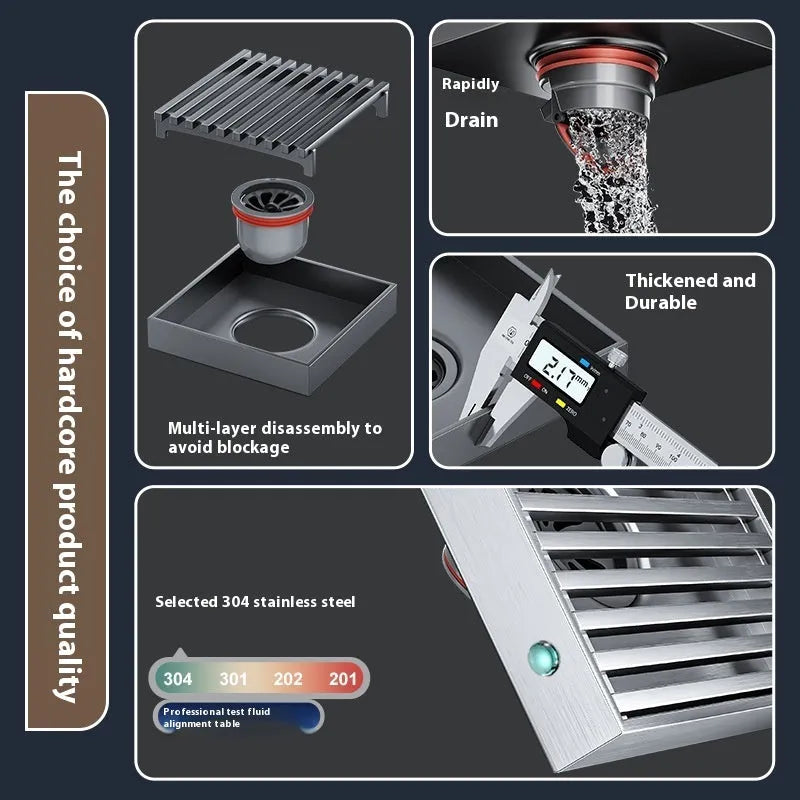304 stainless steel courtyard deodorant floor drain with gun grey finish, 15x15cm dimensions