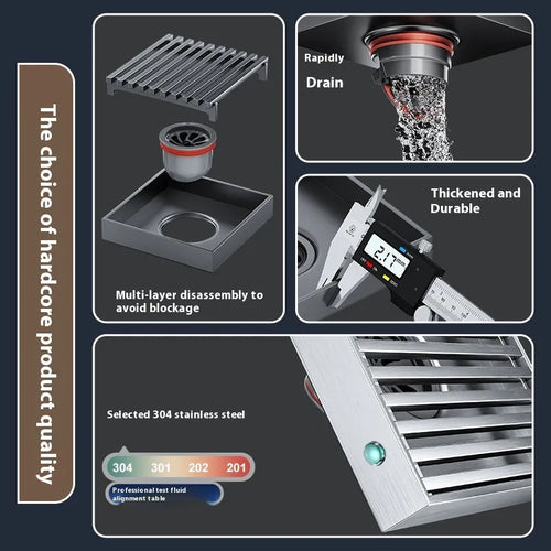 304 stainless steel courtyard deodorant floor drain with gun grey finish, 15x15cm dimensions