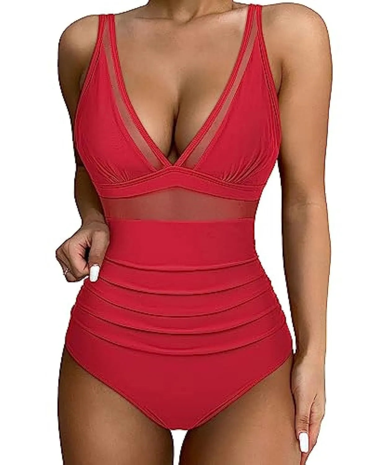 Women's high waist one-piece swimsuit in leopard print and solid colours on a mannequin.