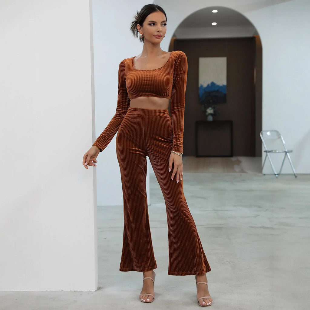 Caramel coloured women's long sleeve sweater and matching trousers casual two-piece set.
