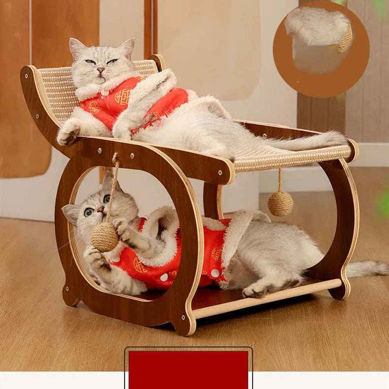 Solid wood cat scratching mat and bed in walnut colour with sisal surface.