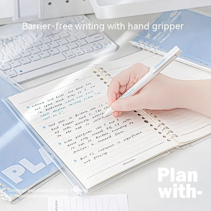 A5 PVC notebook organiser in blue colour showing transparent cover with loose papers inside