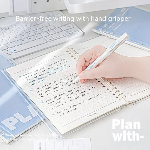 A5 PVC notebook organiser in blue colour showing transparent cover with loose papers inside