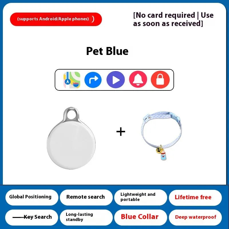 A white GPS pet tracker device attached to a black dog collar on a grass background.