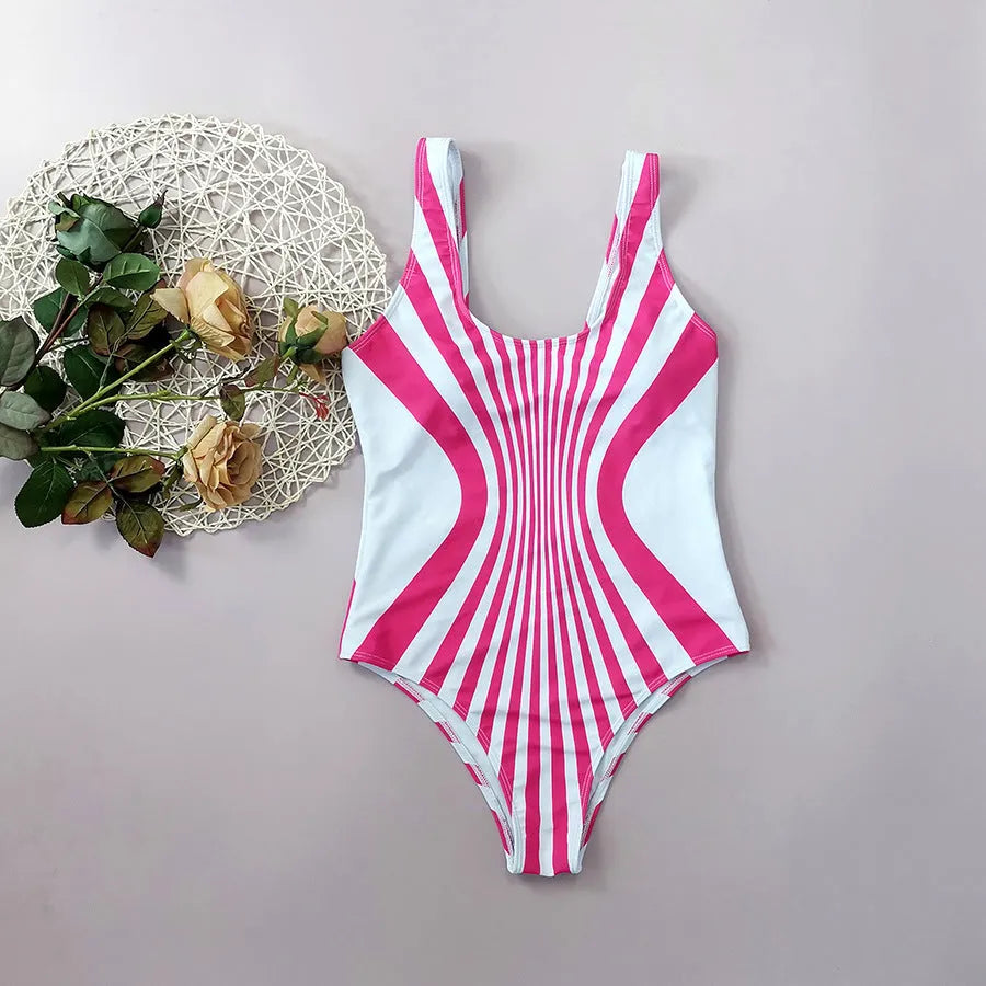 Women's pink striped one-piece swimsuit with digital printing front and back