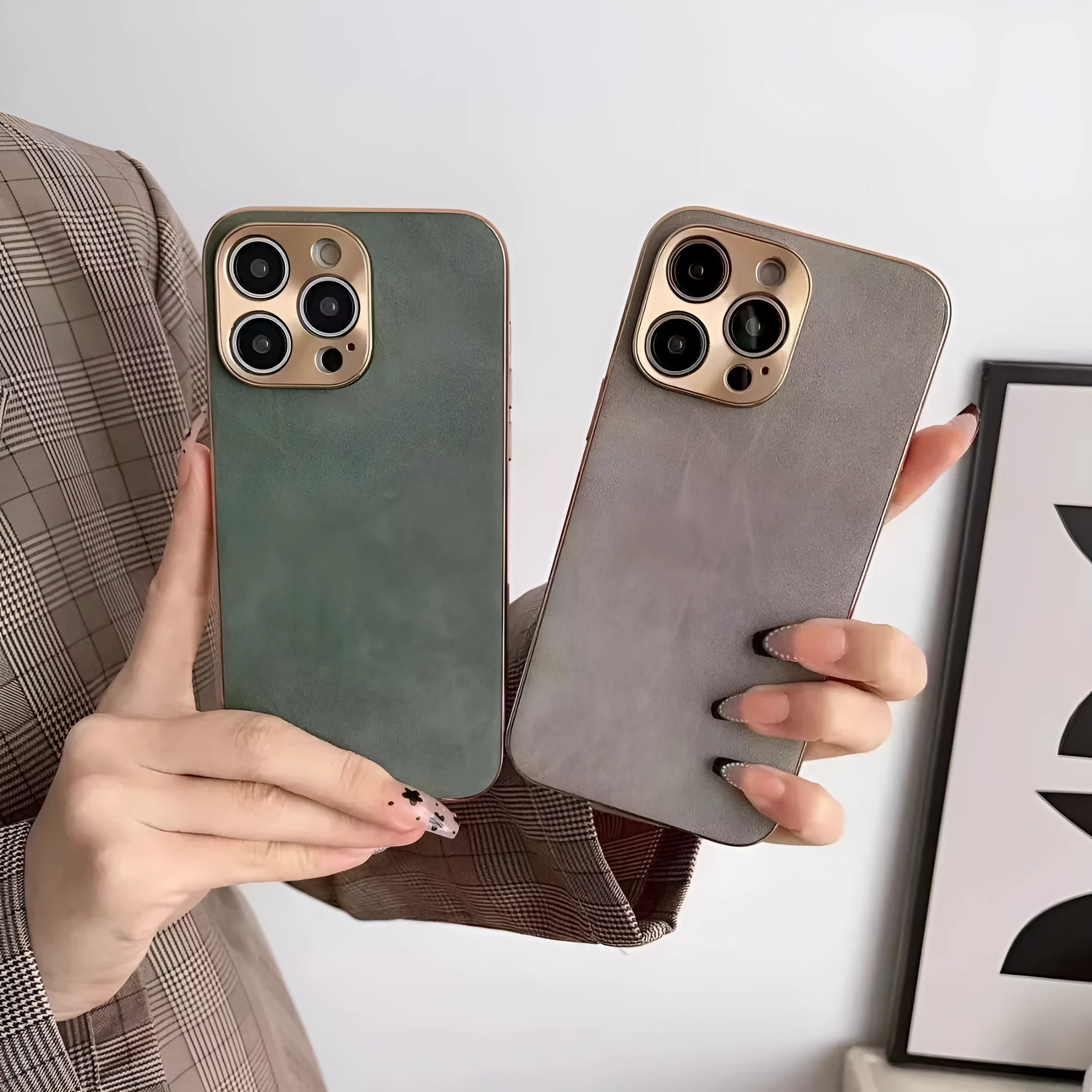Leather texture phone case for iPhone shown in black, blue, grey, and grey-green colours.