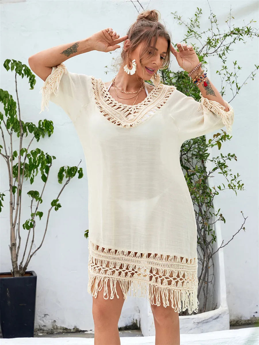 Women's hand-crocheted apricot beach dress with free-size fit for swimming cover-up