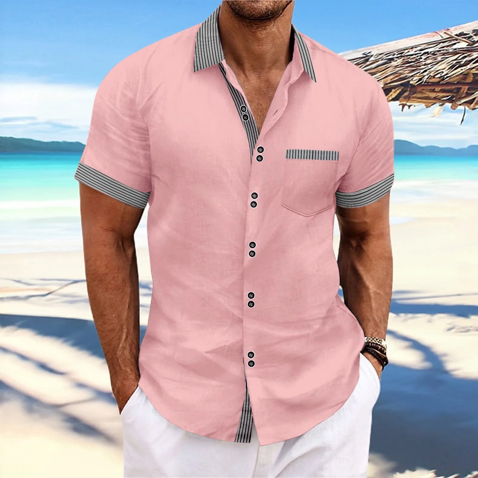 Man wearing a slim fit striped short sleeve cotton shirt with a double button front closure.
