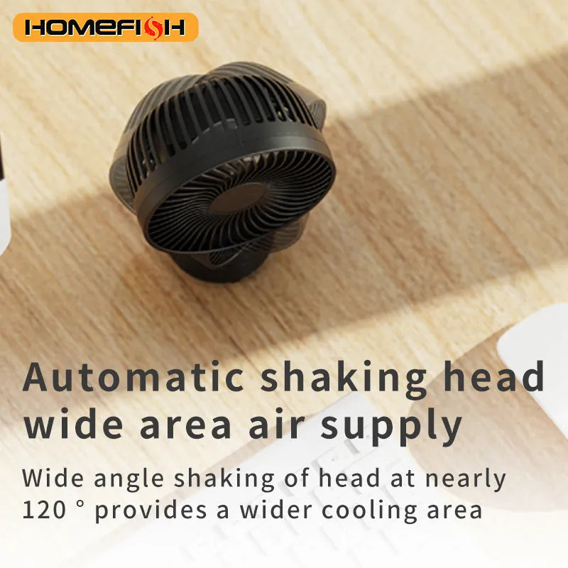 HOMEFISH F2 portable fan with automatic head shaking, LED light, and removable bracket on a white background.