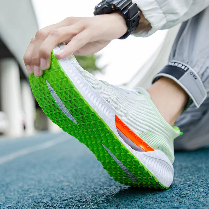 Men's blue grey green breathable mesh casual shoes with round toe and plastic sole.