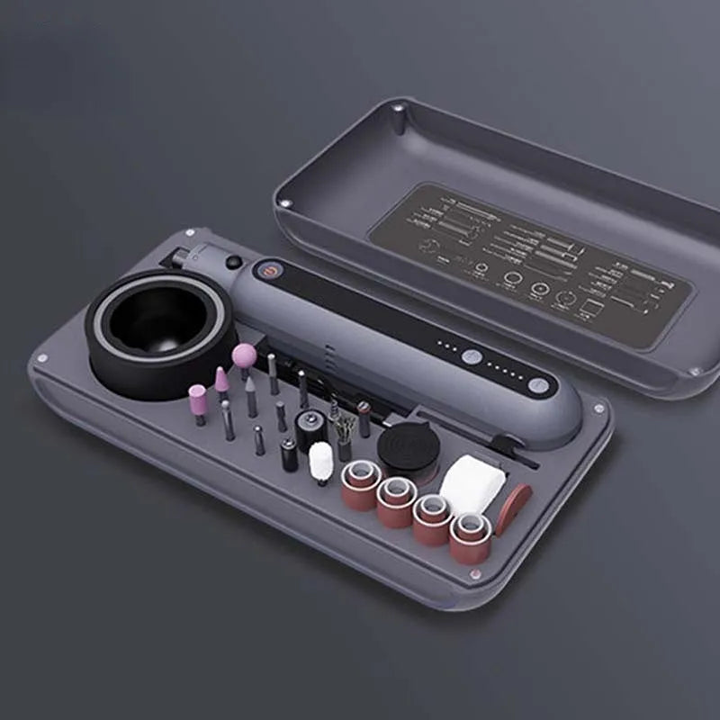 Mini electric polishing and grinding machine set with lithium battery, shown with 5-speed dial.