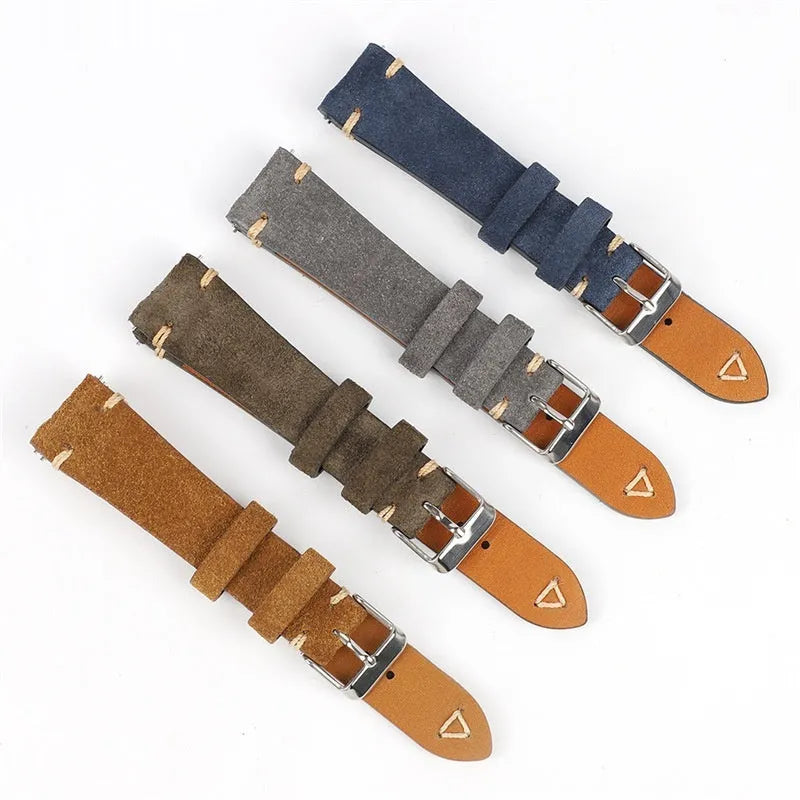 Brown suede genuine leather watch strap with ethnic style design, shown in 20mm width