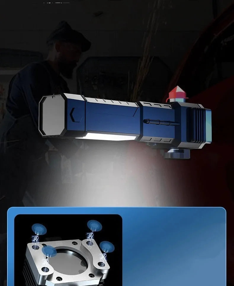 Silver portable LED flashlight with power bank functionality and IP44 rating