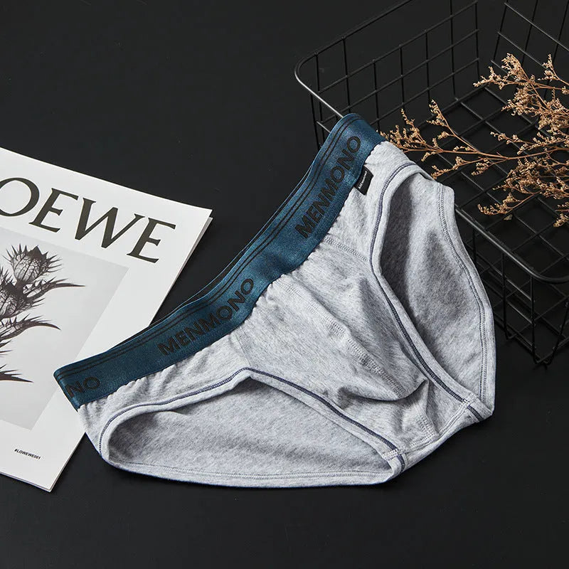 Men's low waist cotton blend briefs in a grey and blue colour block combination.
