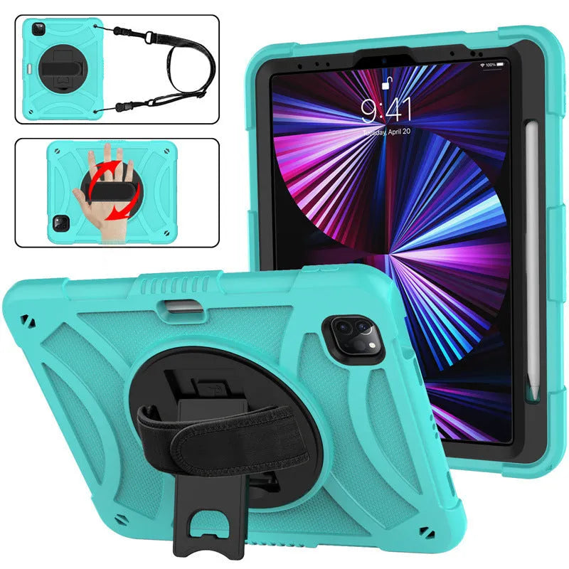 Rotating bracket strap silicone protective case for Apple iPad in multiple colour options.