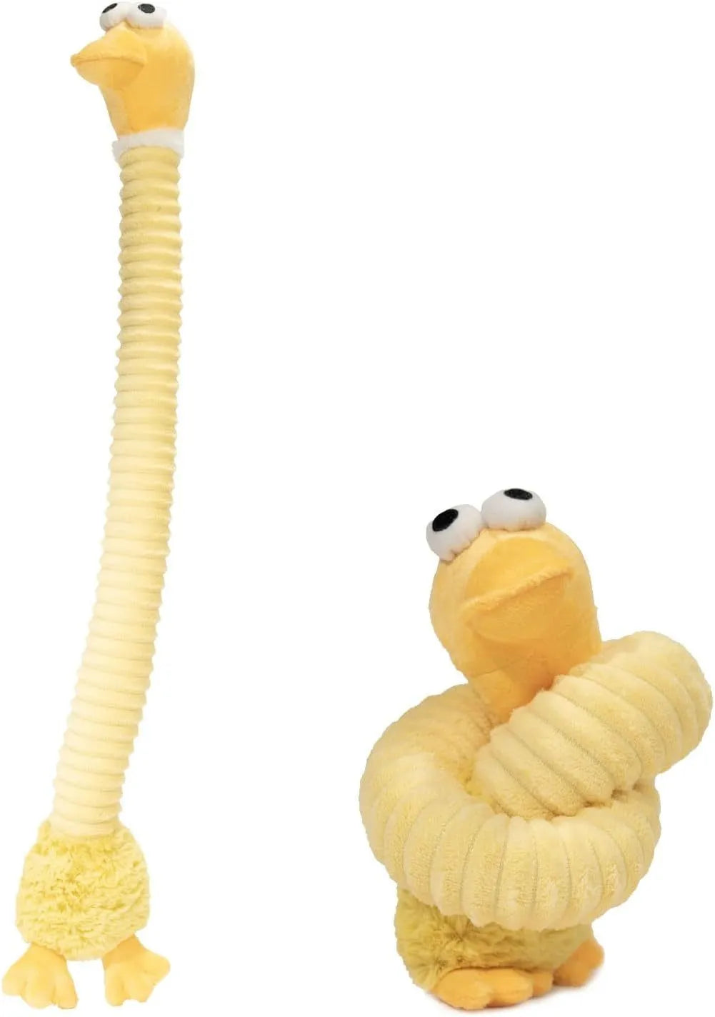 Brown, grey, and yellow plush stuffed dog toys with a squeaker and foldable design