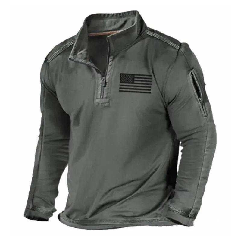 Men's grey zip-front stand collar long-sleeved polyester sweater laid flat.