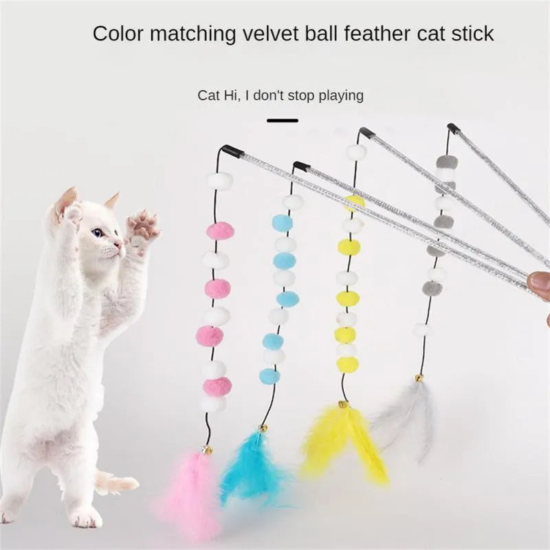 31cm acrylic cat teaser rod with bell and contrasting pompon feather in four colour options
