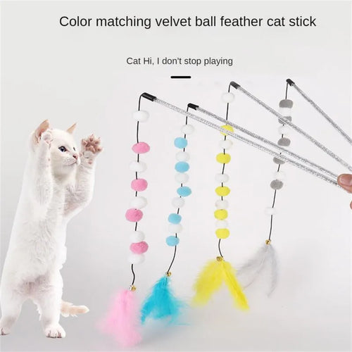31cm acrylic cat teaser rod with bell and contrasting pompon feather in four colour options