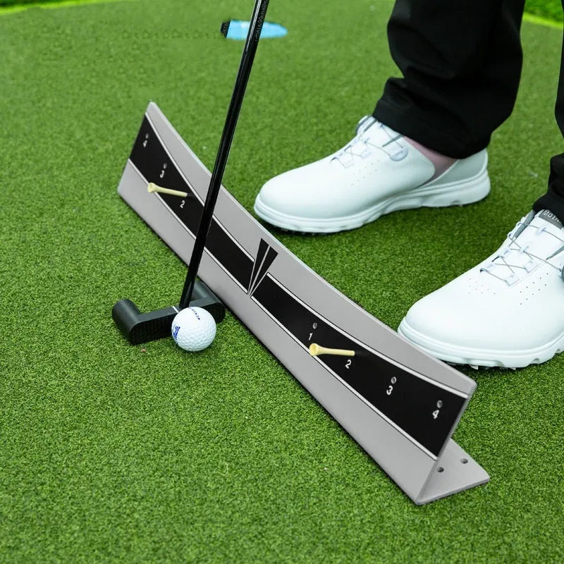 Golf putter trajectory balance simulator with adjustable push rod mechanism