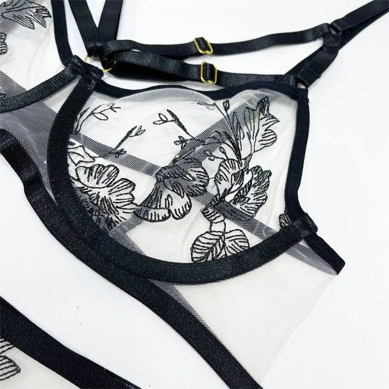 Black lace mesh three-piece women's set with floral print including top, trousers, and waist ring