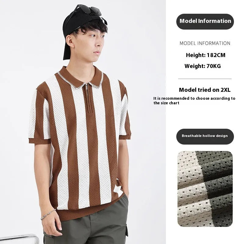 Men's short sleeve ice silk sweater with stripe pattern and zip decoration in viscose fabric