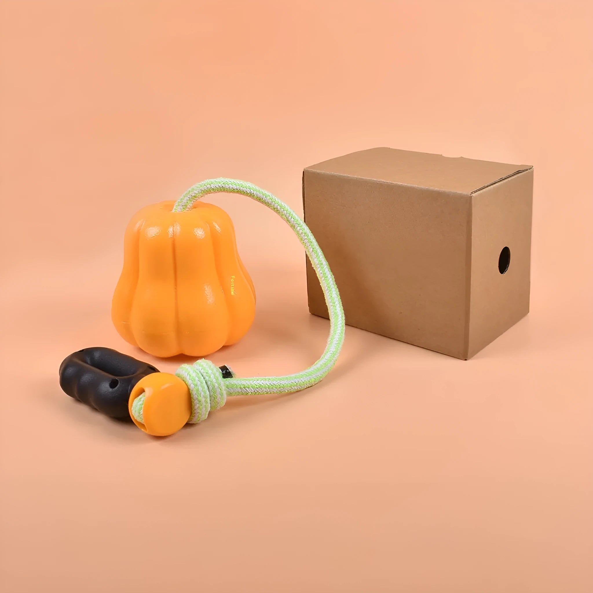 Pumpkin orange plastic molar-shaped dog chew toy with a blue rope attached for throwing.