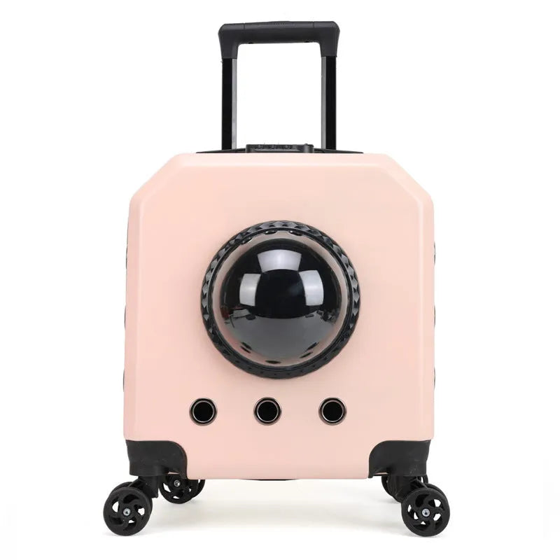 Hard PVC pet flight case in a choice of pink, burgundy, white, or orange colours, showing luggage compartment.