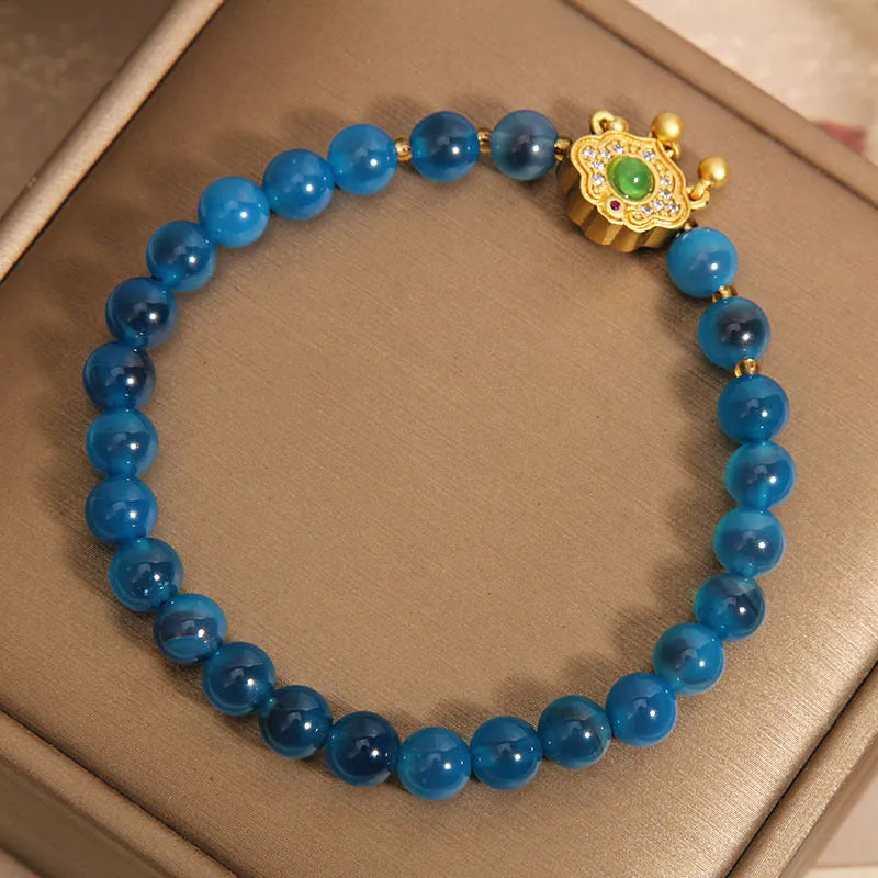 Blue sugar heart agate crystal bracelet with safety lock pendant for women