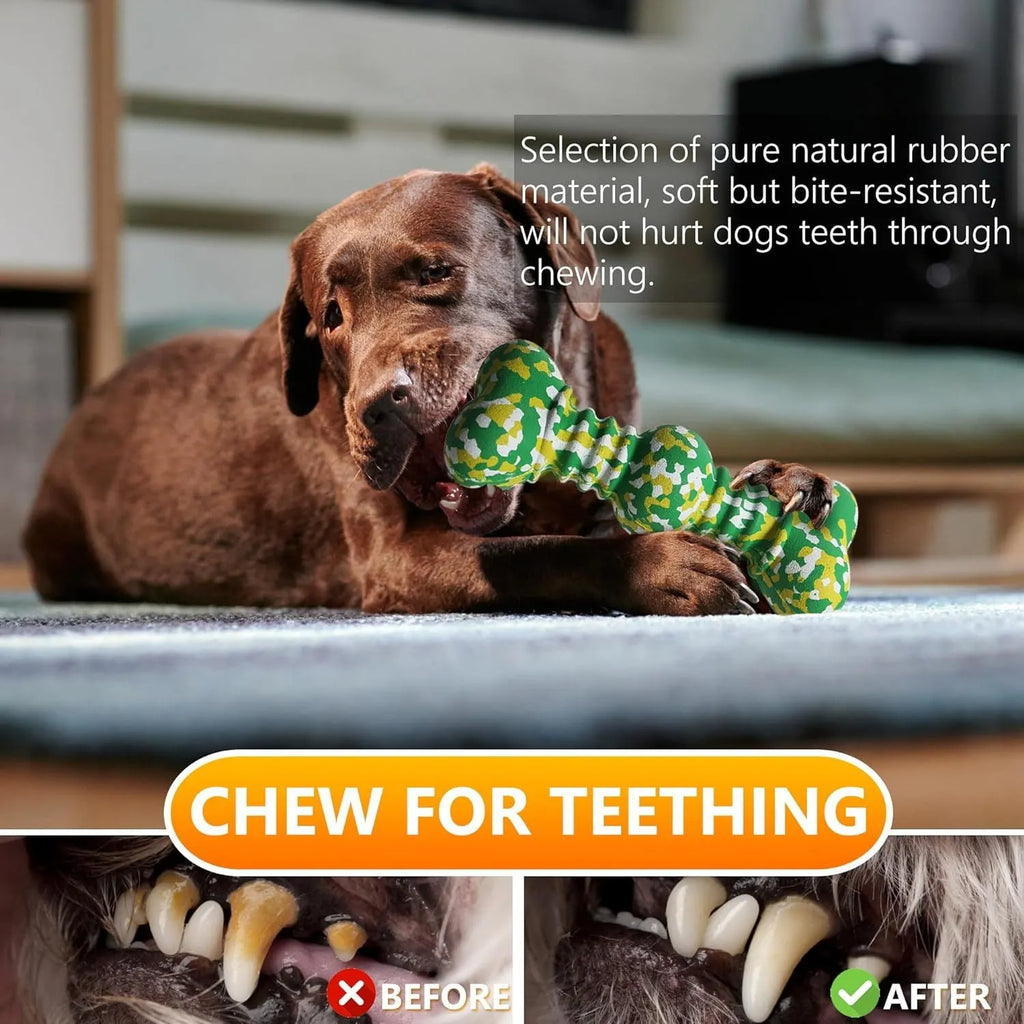 Natural rubber dog chew bone toy for large breeds in camouflage colours, shown in two sizes.