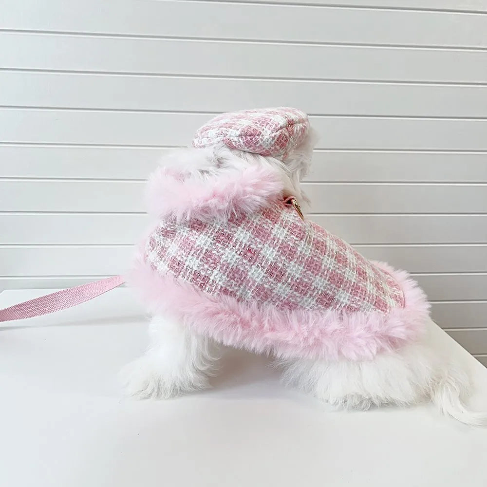 Pink polyester cat cape and beret set with hand-holding rope leash attachment