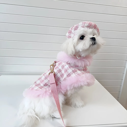 Pink polyester cat cape and beret set with hand-holding rope leash attachment