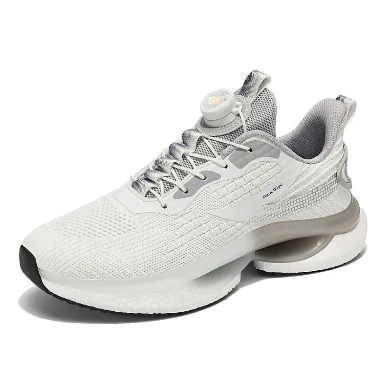 Men's white Korean style low-top running shoes with a rotating buckle closure and mesh upper.