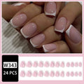 24 white square fake nails with a black and white plaid pattern, laid out on a surface.
