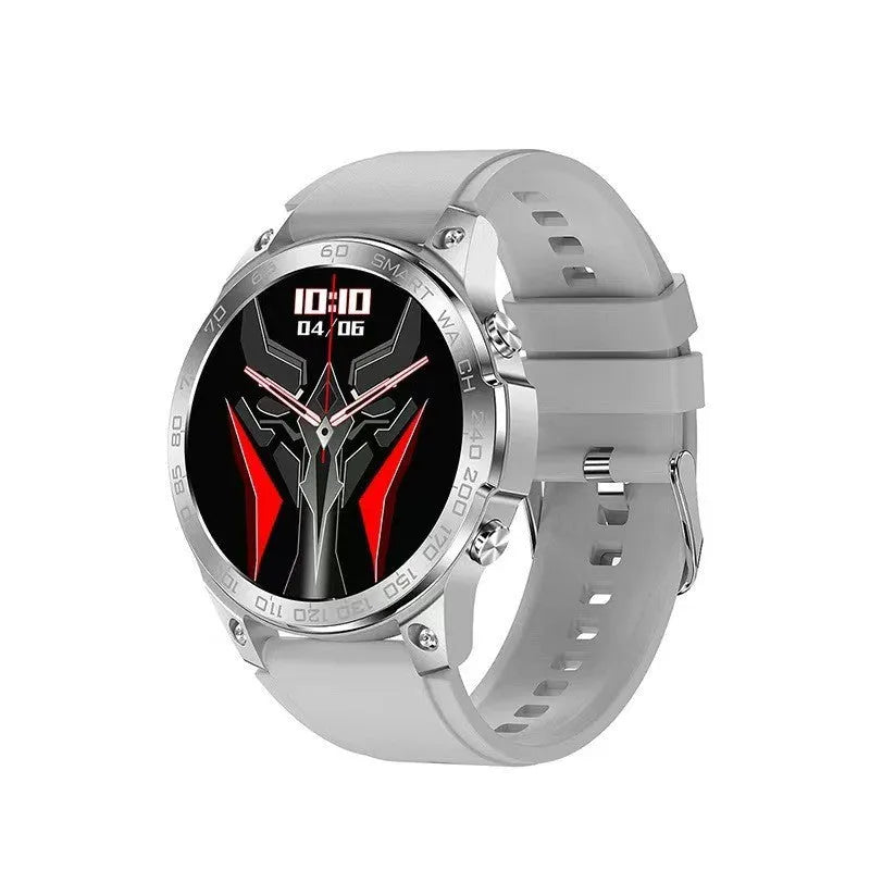 Round AMOLED sports watch with silicone strap showing Bluetooth call interface and fitness metrics on screen.