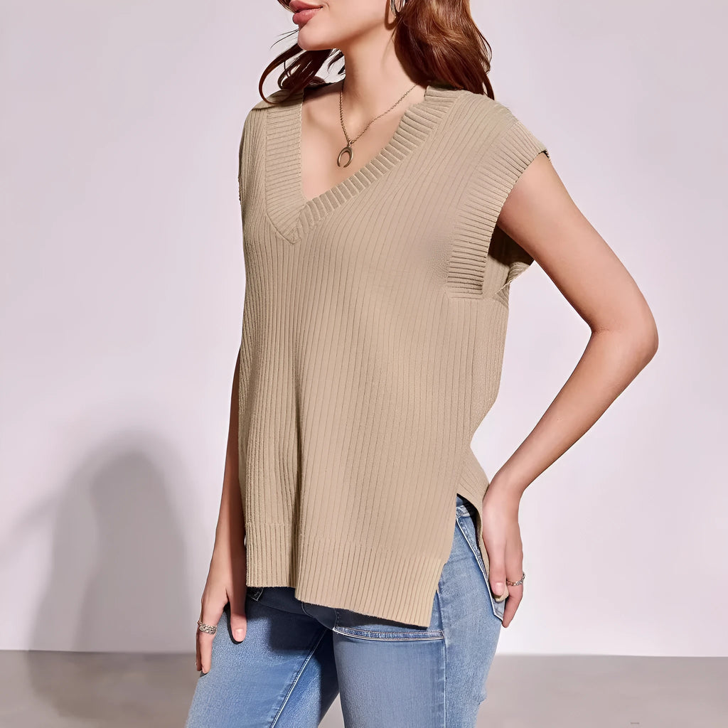Women's v-neck sleeveless pullover vest in camel stripe pattern, loose fit viscose fabric