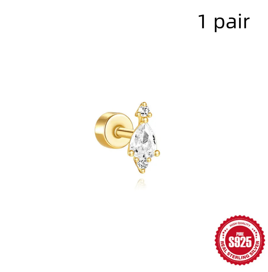 S925 sterling silver flat column geometric ear bone studs with thread detail in a gold colour finish
