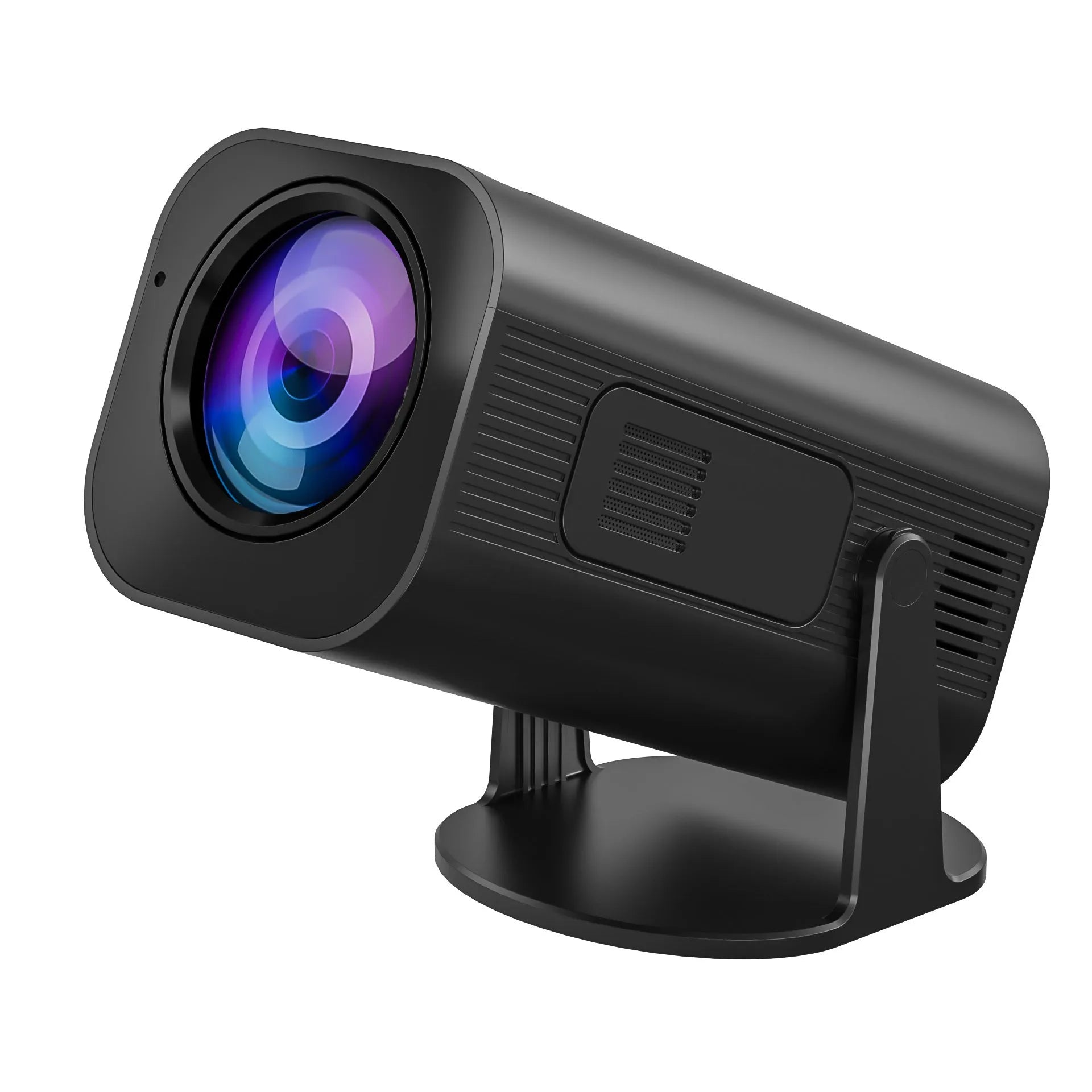 Black P330 portable mini projector with remote control on a table, for mobile phone streaming.
