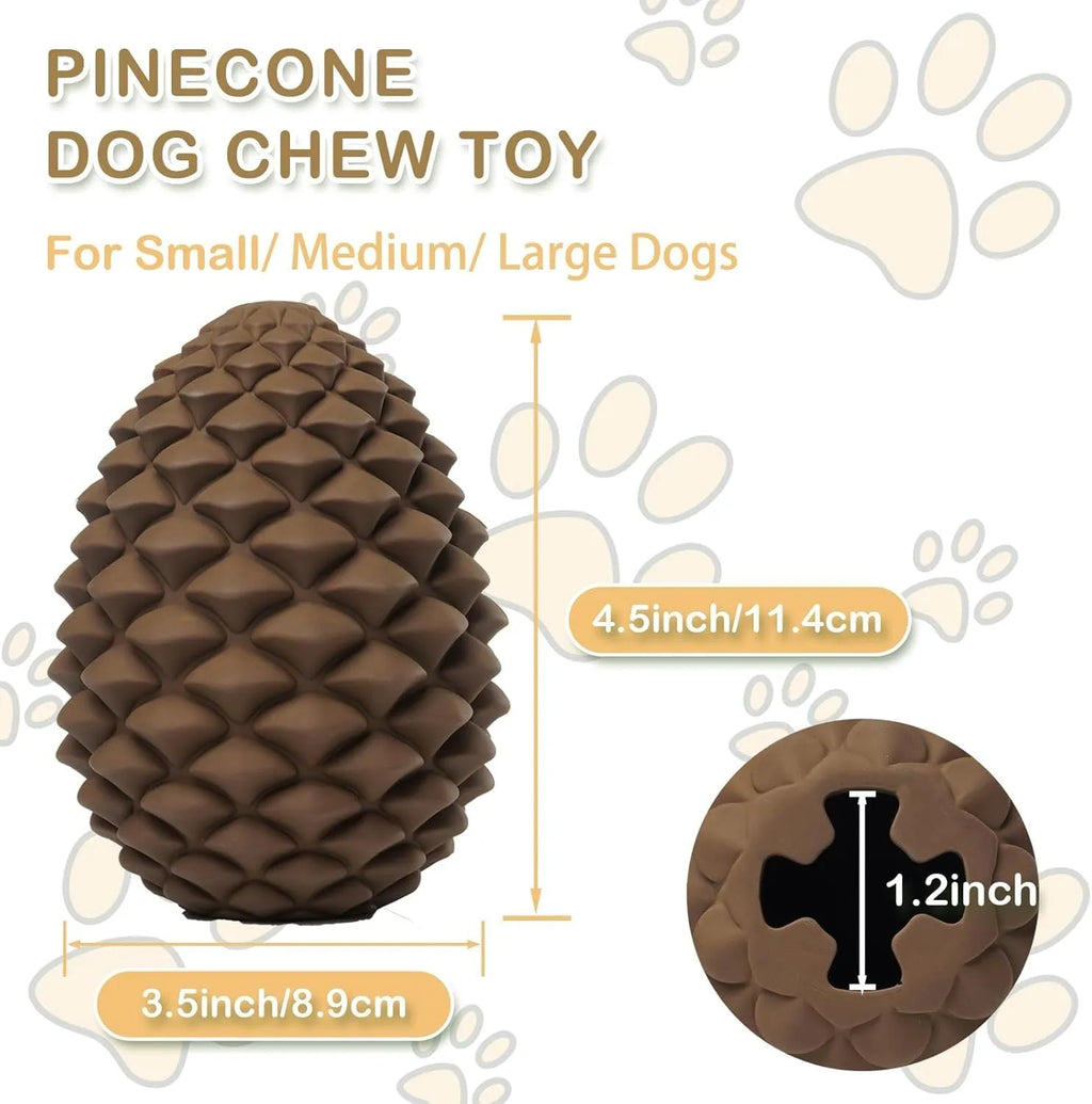 Yellow natural rubber pine cone-shaped dog chew toy with treat dispenser hole.