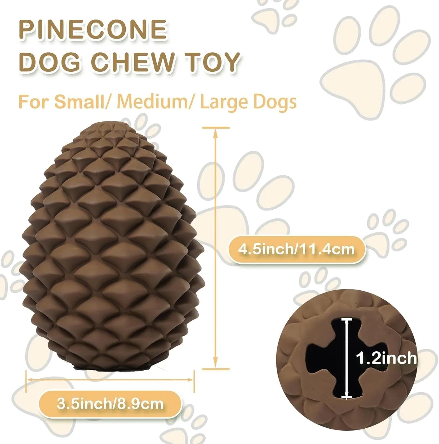 Yellow natural rubber pine cone-shaped dog chew toy with treat dispenser hole.