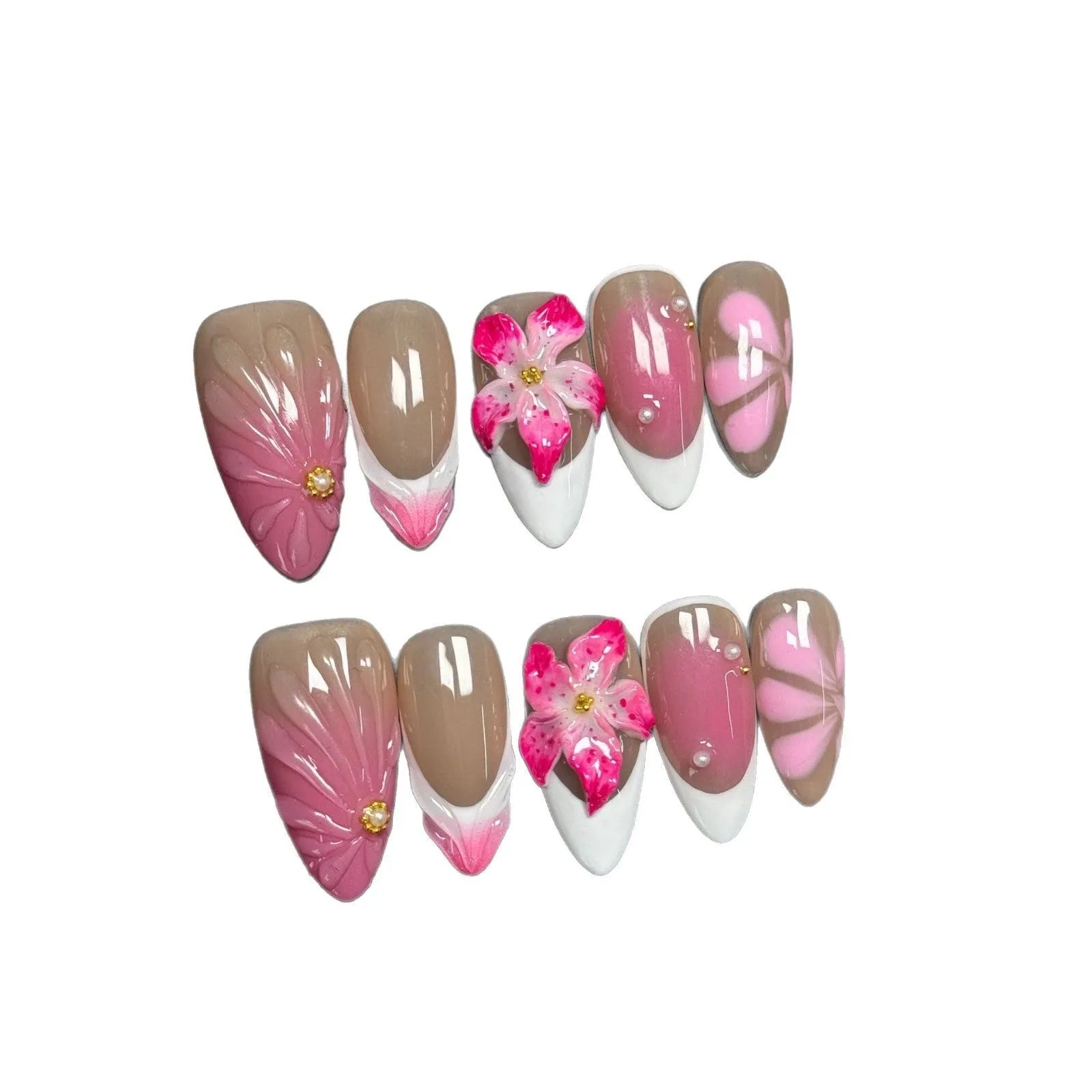French style three-dimensional lily fluid ice flower artificial nails in almond shape with plastic construction