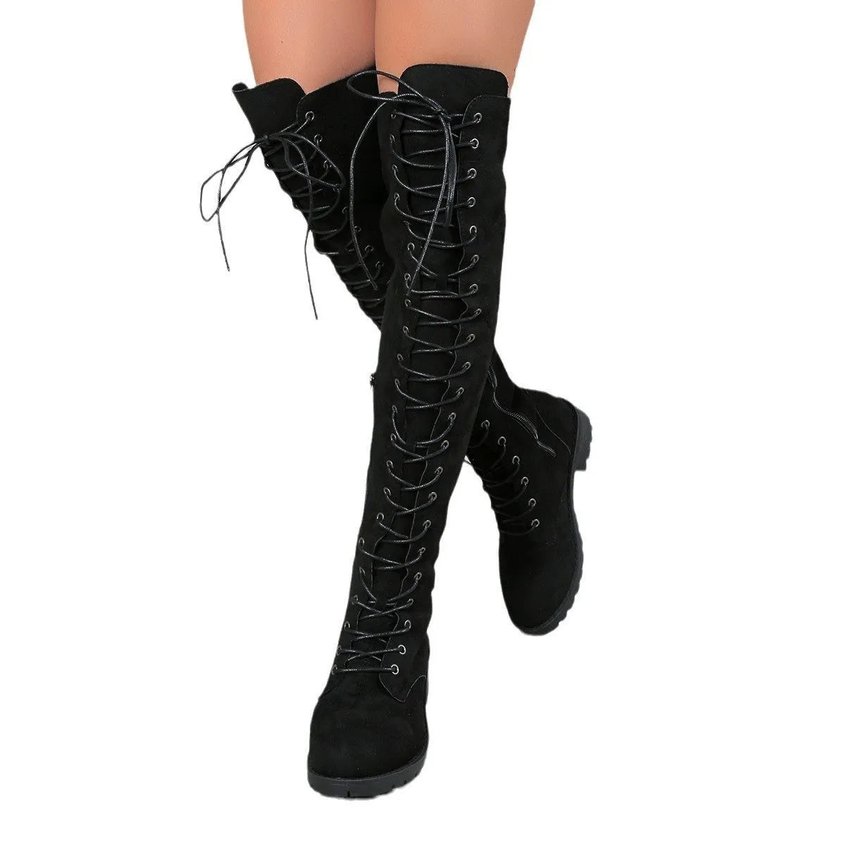 Black lace-up over-the-knee boots with flat heel, round toe and decorative stitching details