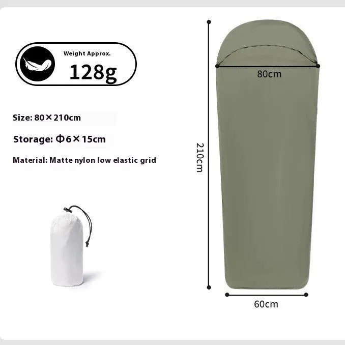 Blue lightweight nylon camping sleeping bag with mummy design shown laid out