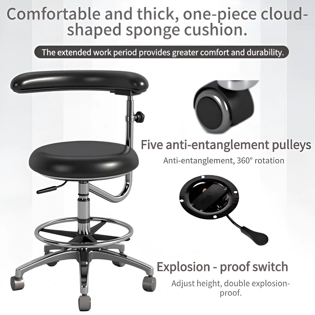 Black leather dental patient lifting chair with integrated mechanism for clinic use